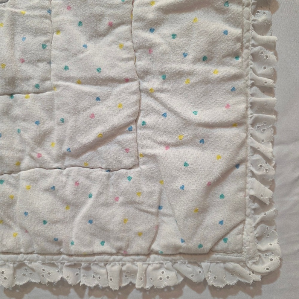 Vintage Teddy Bear Umbrella Quilt Pastel Pink Blue Eyelet Lace Baby Blanket - Picture 6 of 6